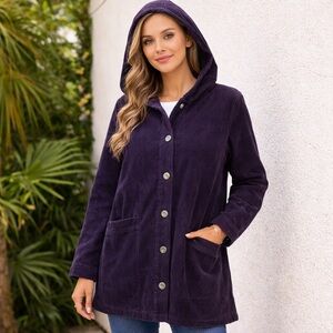 J Jill Tumbled Corduroy Jacket Med Fig Shacket Hooded Barn Cord Chore Coat Plum